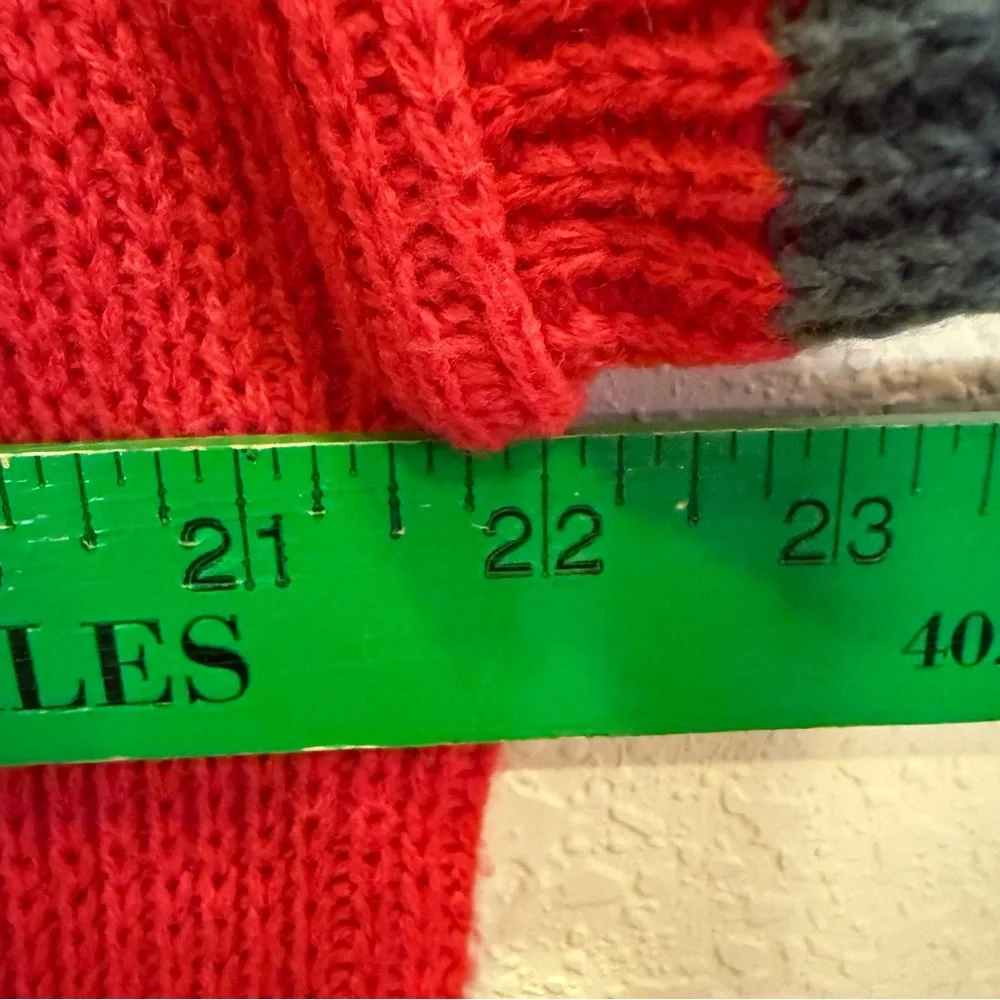 Vintage DJ Smash Red Sweater with Gray Stripes and Embroidered Motif Sz L - Picture 7 of 8